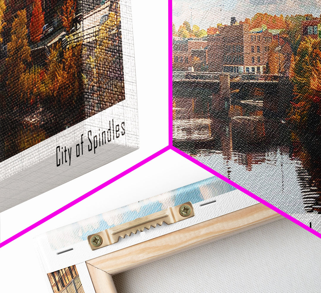 Lowell Massachusetts Panoramic Cityscape Wall Art, Watercolor Framed Canvas Print, Urban Painting for Living Room, Office Decor, Travel Poster