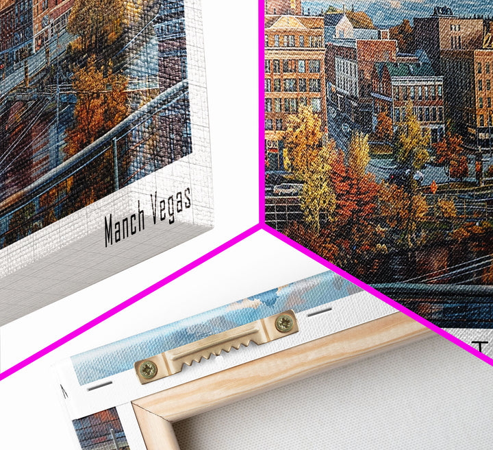 Manchester New Hampshire Panoramic Framed Canvas Print, Stunning Watercolor Painting, City Wall Art, Office Decor, Living Room Art