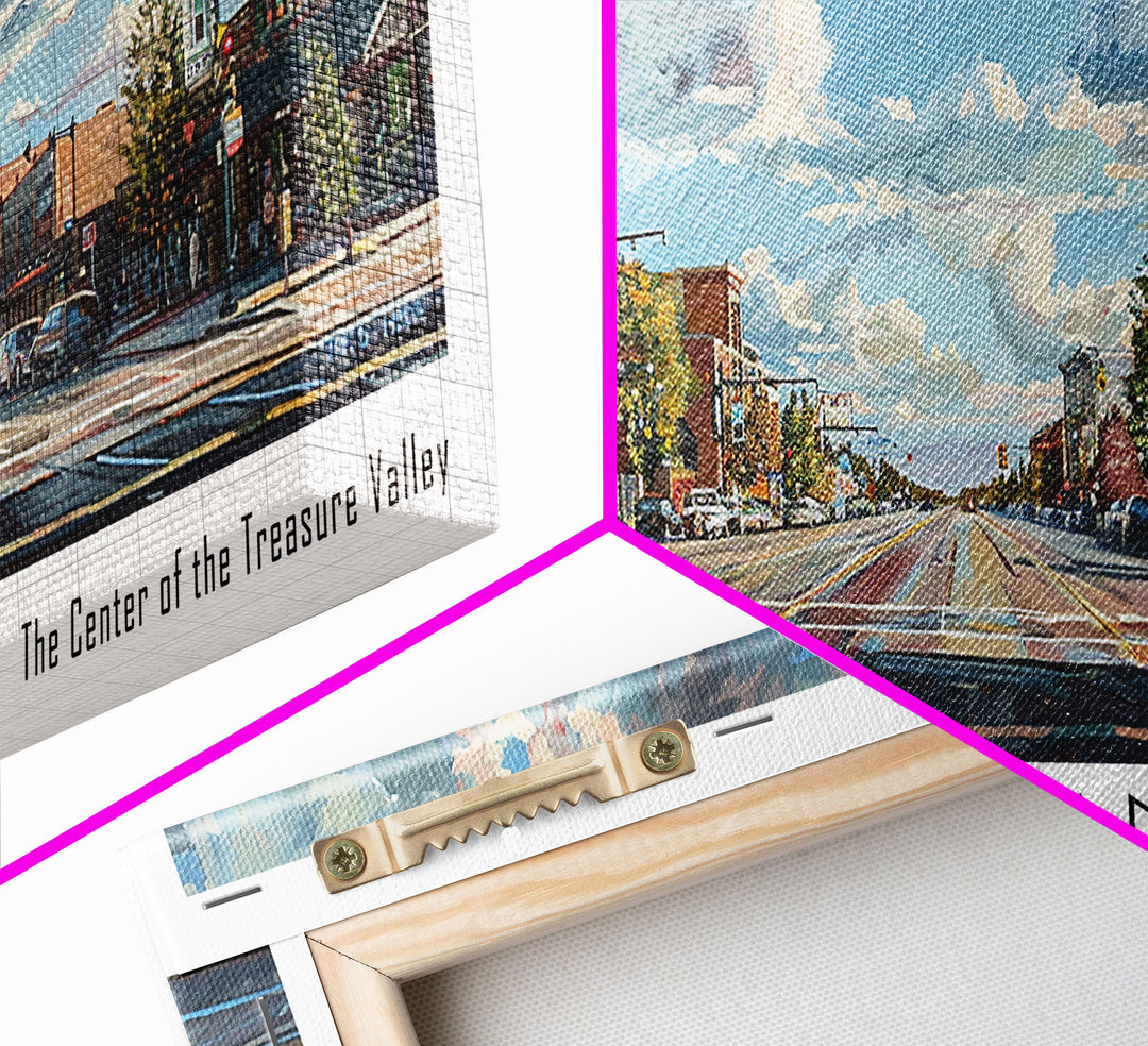 Meridian Idaho Panoramic Framed Canvas Print, Stunning Watercolor Art, Office Wall Decor, Travel Poster, Living Room Decor, City Print