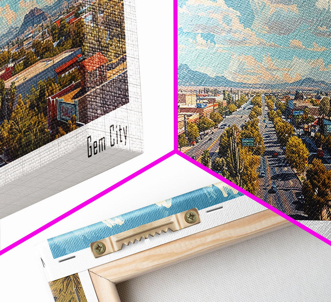 Mesa Arizona Panoramic Framed Canvas Print, Watercolor Cityscape, Perfect Office Wall Art, Travel Poster, Living Room Decor, City Wall Art
