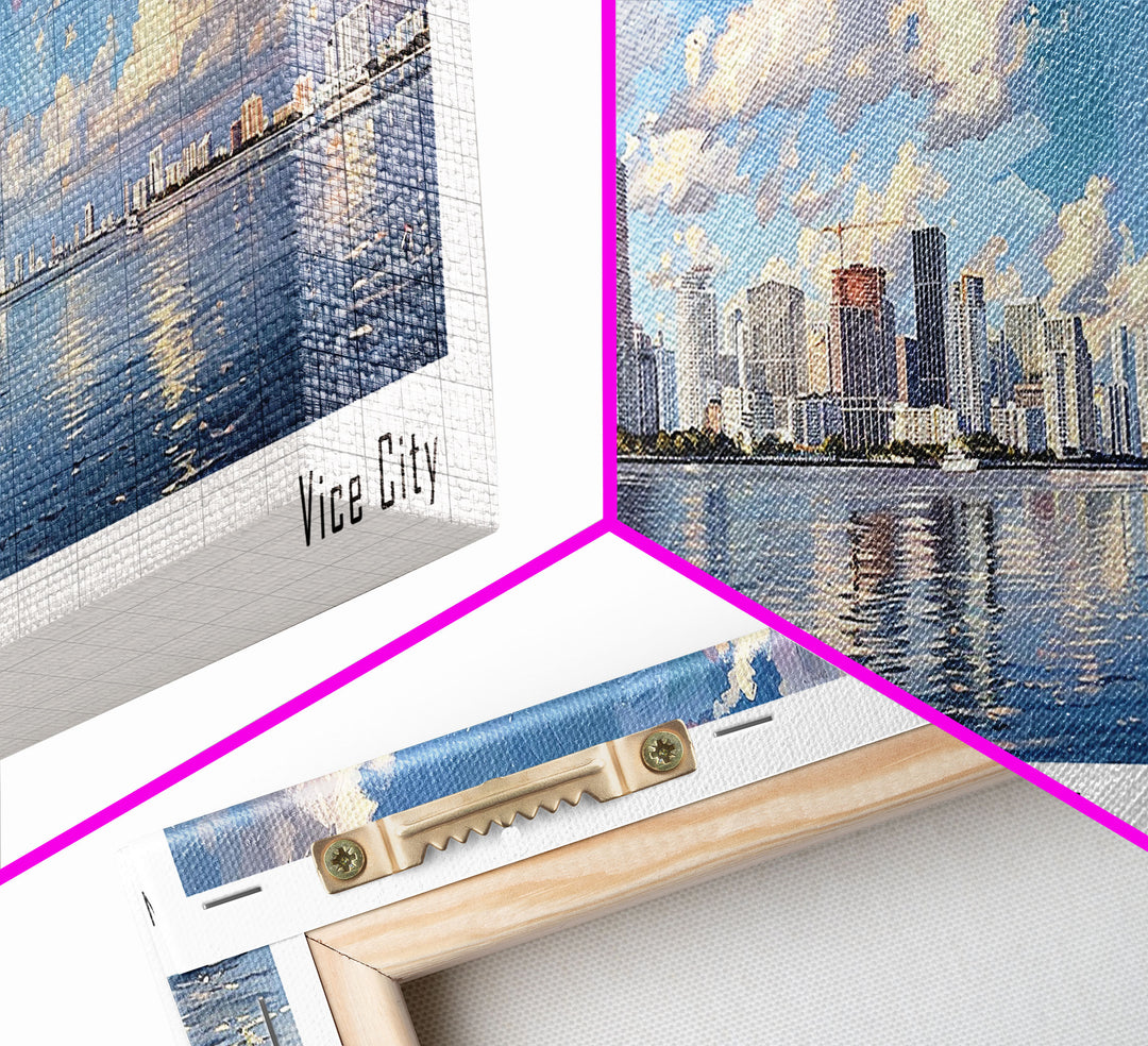 Miami Florida Panoramic Framed Canvas Print, Stunning Watercolor Cityscape, Office Wall Art, Travel Poster, Living Room Decor, City Art