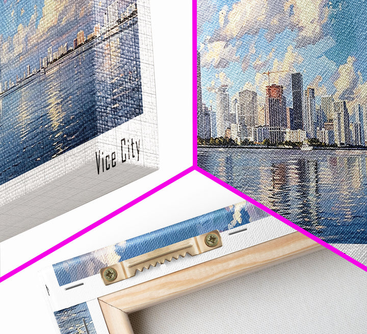 Miami Florida Panoramic Framed Canvas Print, Stunning Watercolor Cityscape, Office Wall Art, Travel Poster, Living Room Decor, City Art