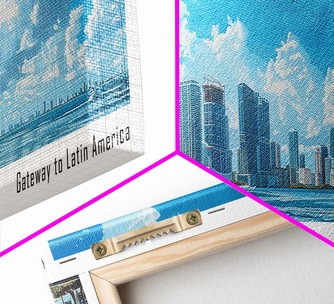 Miami Florida Panoramic Framed Canvas Print, Watercolor Painting, Office Wall Decor, Travel Poster, Home Decor, City Art, Gift Idea
