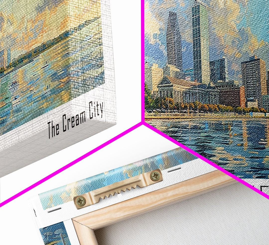 Milwaukee Wisconsin Panoramic Framed Canvas Print, Beautiful Watercolor Painting, Office Wall Art, Travel Poster, Home Decor, City Art