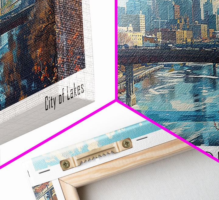 Minneapolis Minnesota Panoramic Framed Canvas Print, Stunning Watercolor City Art, Office Wall Decor, Travel Poster, Living Room Decor