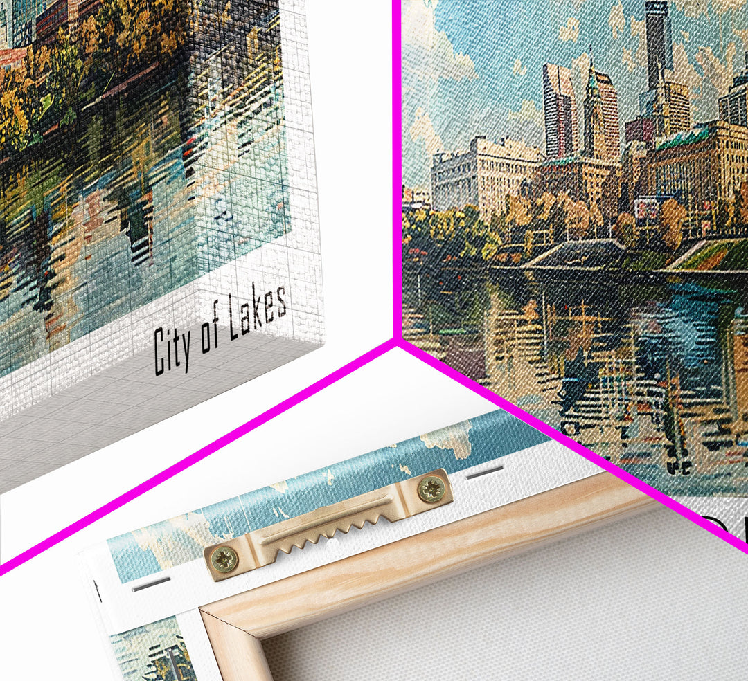Minneapolis Minnesota Panoramic Framed Canvas Print, Watercolor Painting, Office Wall Art, Travel Poster, Home Decor, City Art