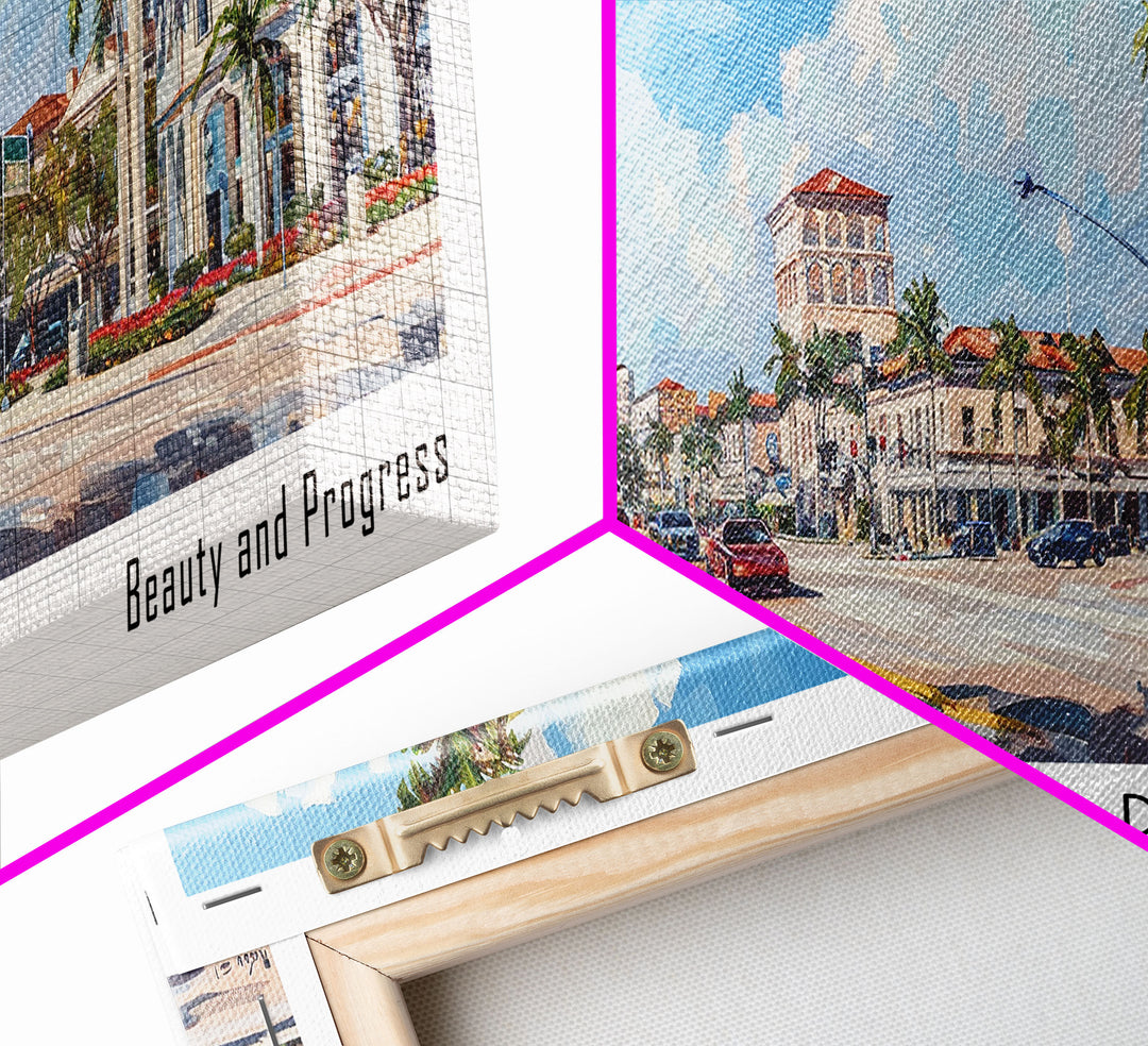 Miramar Florida Panoramic Framed Canvas Print, Beautiful Watercolor Cityscape, Office Wall Art, Travel Poster, Living Room Decor, City Art