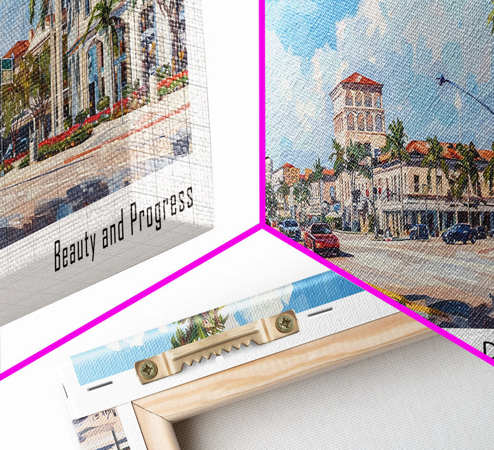 Miramar Florida Panoramic Framed Canvas Print, Beautiful Watercolor Cityscape, Office Wall Art, Travel Poster, Living Room Decor, City Art