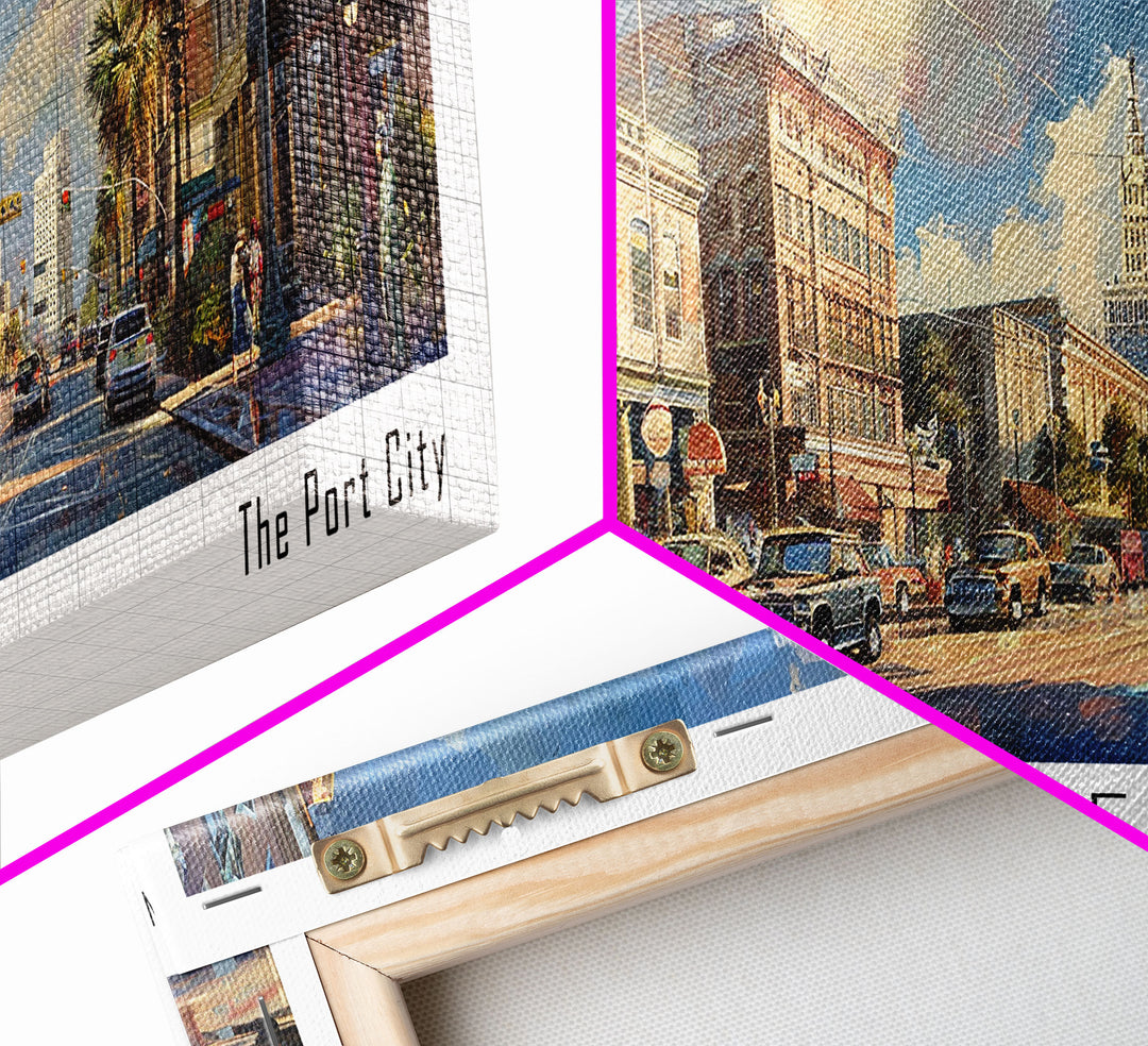 Mobile Alabama Panoramic Framed Canvas Print, Stunning Watercolor Painting, Office Wall Art, Travel Poster, Home Decor, City Art