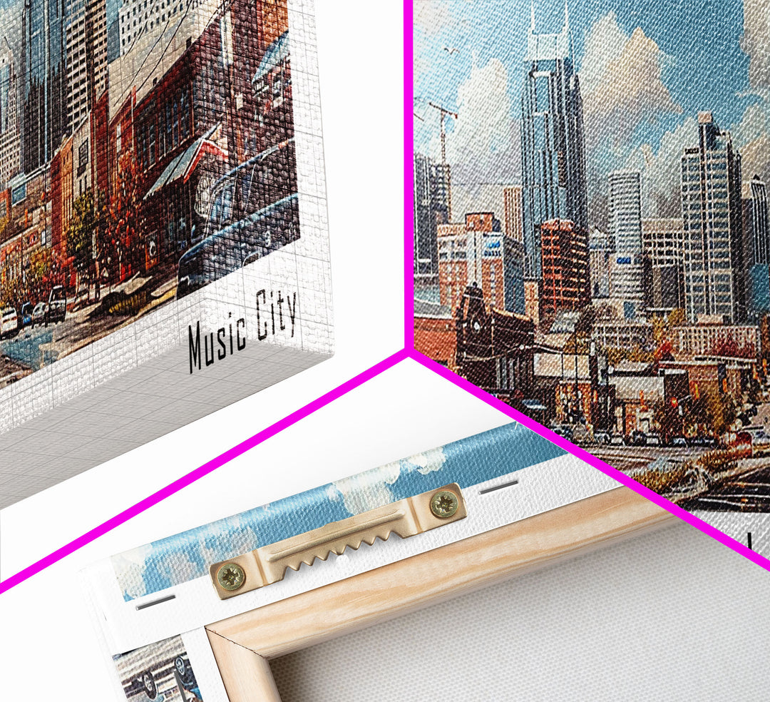 Nashville Tennessee Panoramic Framed Canvas Print, Stunning Watercolor Painting, Office Wall Art, Travel Poster, Home Decor, City Art