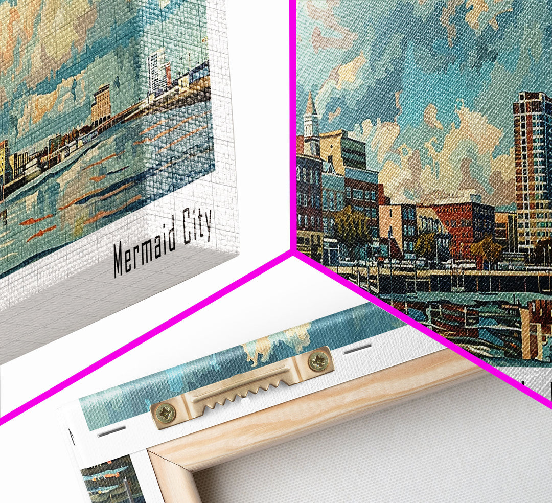 Norfolk Virginia Panoramic Painting, Framed Canvas Print for Office Wall Art, Watercolor Cityscape, Travel Poster, Beautiful Home Decor