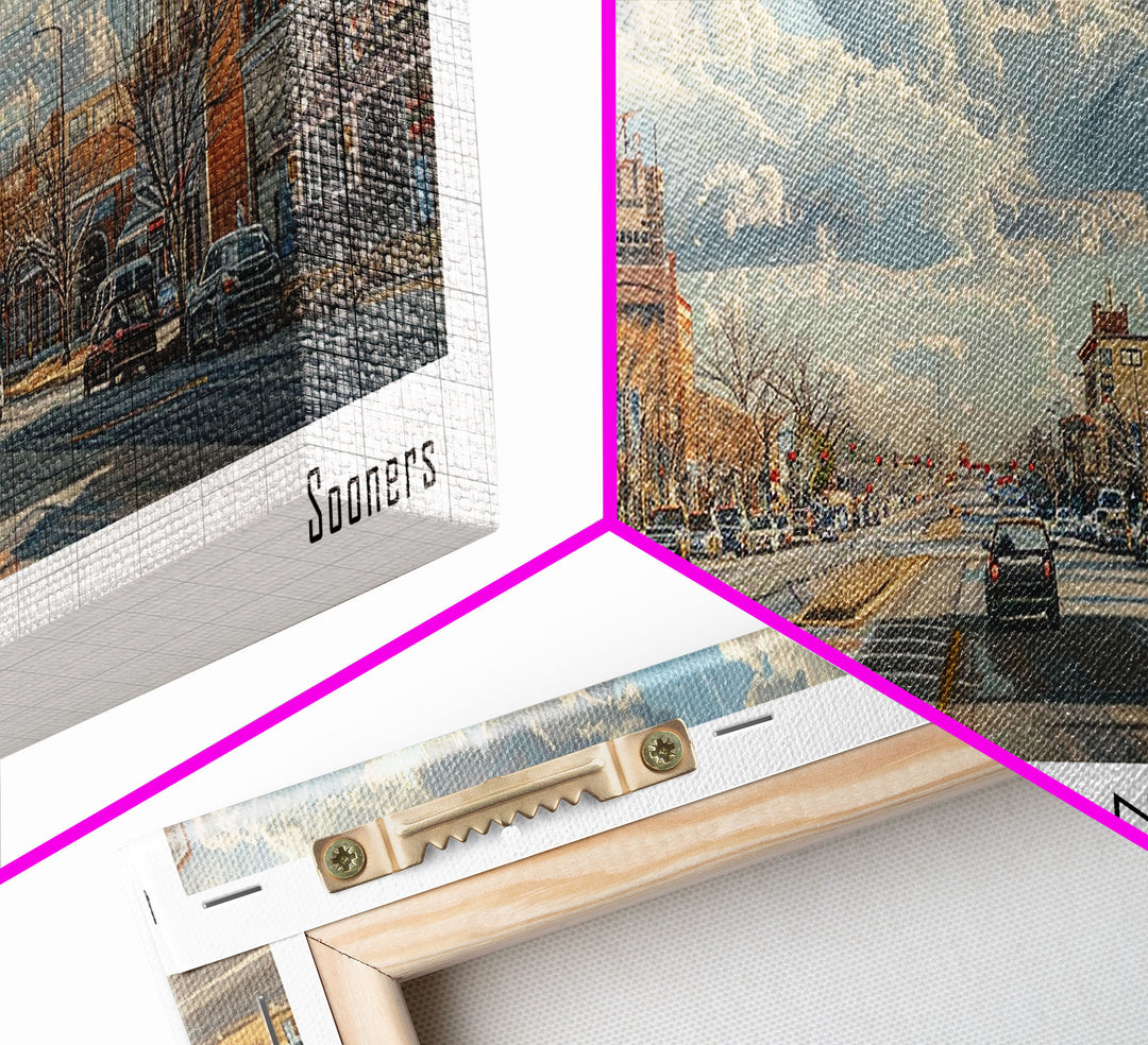 Norman Oklahoma Panoramic Framed Canvas Print, Cityscape Watercolor Painting, Travel Poster for Home Decor, Modern Wall Art, Unique Gift Idea