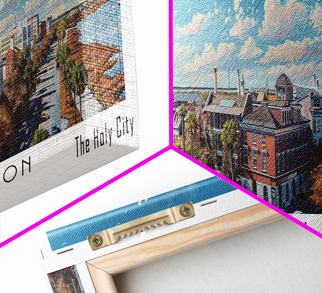 North Charleston South Carolina Panoramic Painting, Framed Canvas Print, Watercolor Cityscape Art, Travel Poster for Living Room, Home Decor