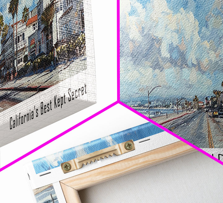 Oceanside California Panoramic Framed Canvas Print, Watercolor Cityscape Art, Travel Poster, Home Decor, Urban Gift Idea, Living Room Art