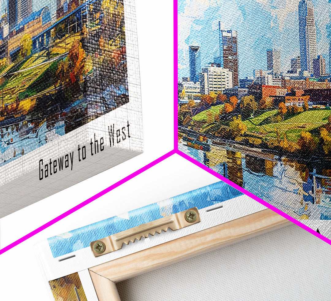 Omaha Nebraska Panoramic Framed Canvas Print, Cityscape Watercolor Painting, Travel Poster, Home Decor, Urban Gift Idea, Office Wall Art