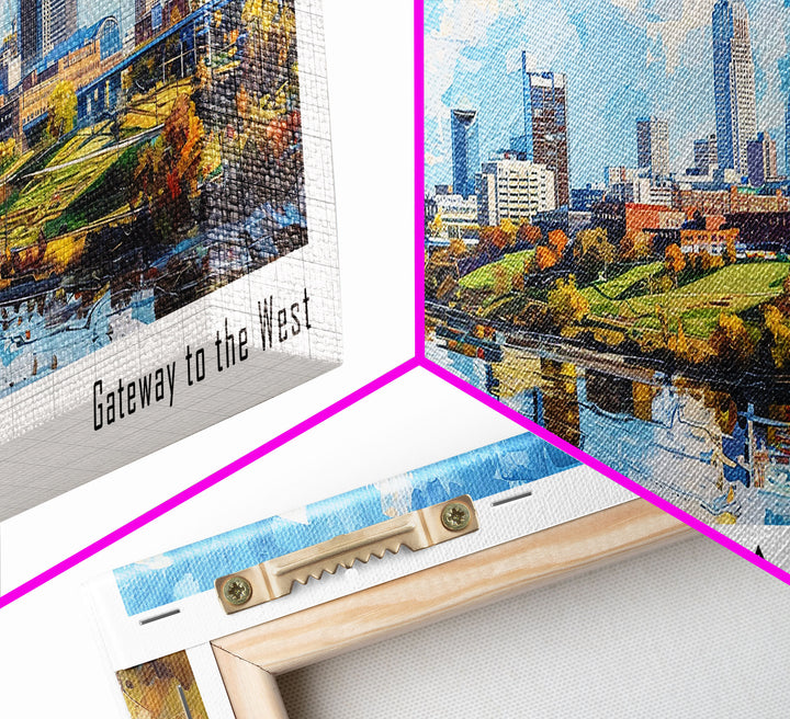 Omaha Nebraska Panoramic Framed Canvas Print, Cityscape Watercolor Painting, Travel Poster, Home Decor, Urban Gift Idea, Office Wall Art