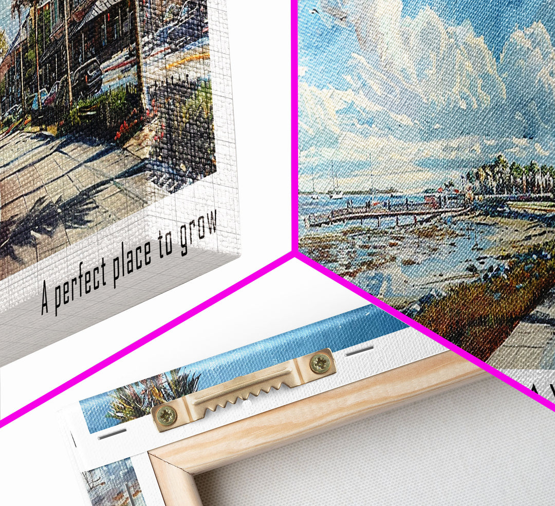 Palm Bay Florida Panoramic Framed Canvas Print, Watercolor Cityscape Art, Travel Poster, Home Decor, Urban Gift Idea, Living Room Art