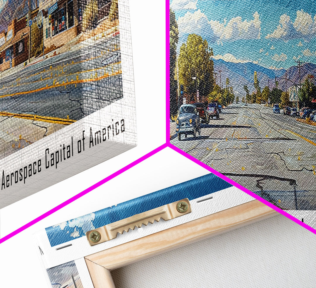 Palmdale California Panoramic Framed Canvas Print, Cityscape Watercolor Painting, Travel Poster for Home Decor, Urban Art, Unique Gift Idea