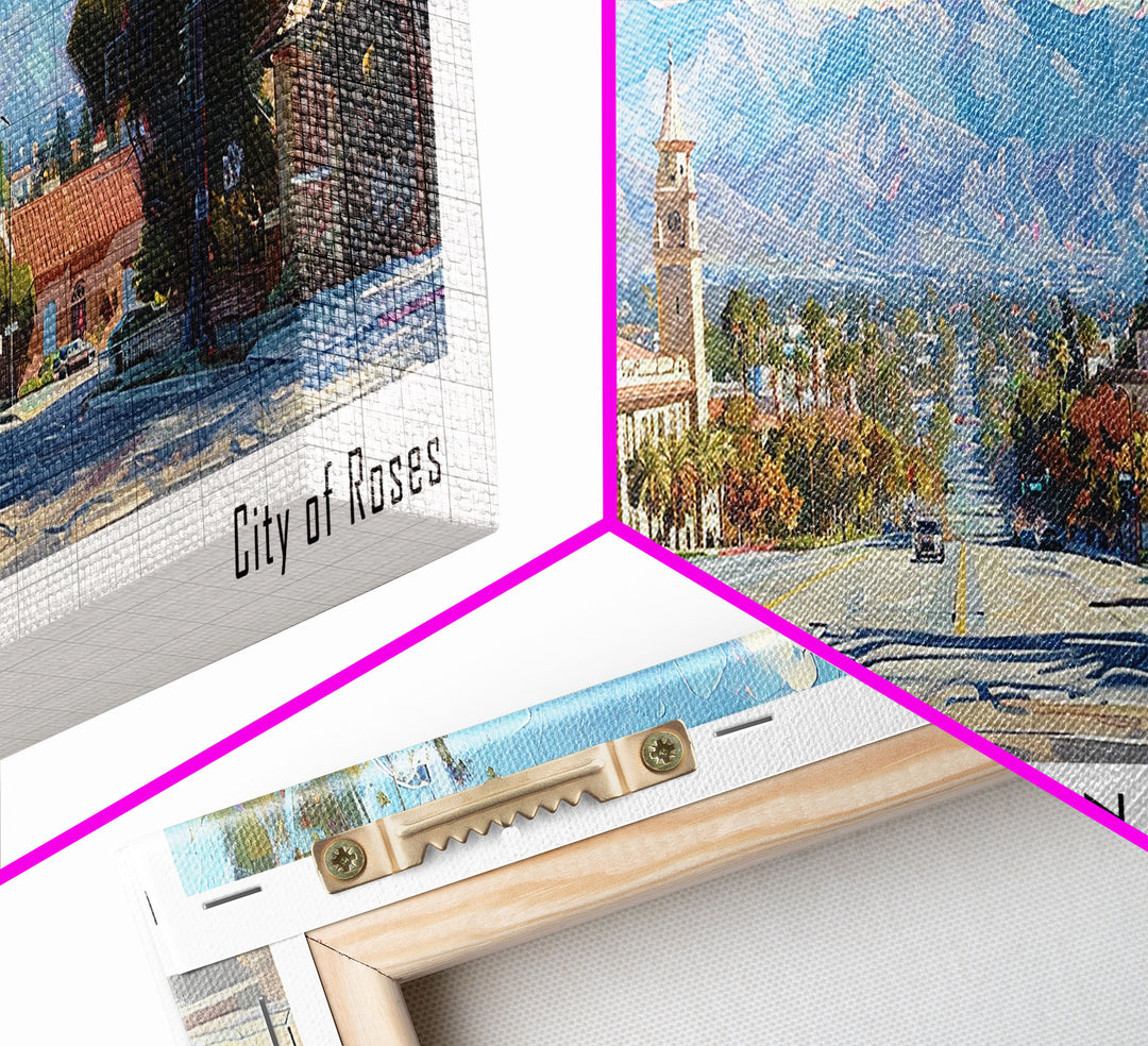 Pasadena California Panoramic Framed Canvas Print, Cityscape Watercolor Painting, Travel Poster, Home Decor, Urban Gift Idea, Office Wall Art