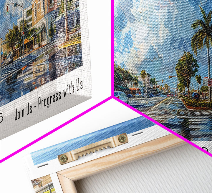 Pembroke Pines Florida Panoramic Painting, Framed Canvas Print, Beautiful Cityscape Watercolor Art, Travel Poster, Modern Home Decor