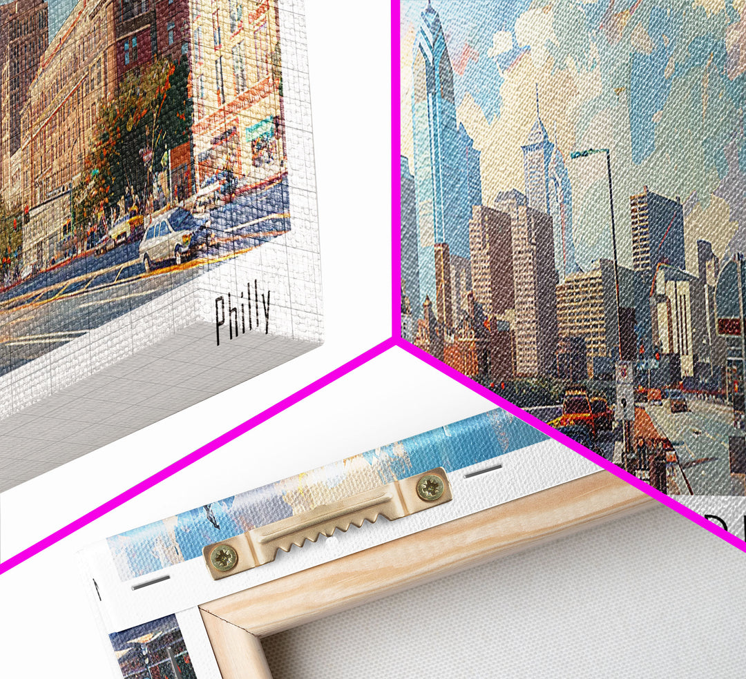 Philadelphia Pennsylvania Panoramic Painting, Framed Canvas Print, Stunning Cityscape Watercolor Art, Travel Poster, Modern Home Decor