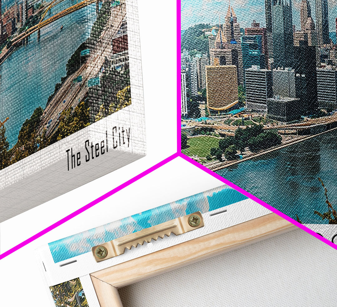 Pittsburgh Pennsylvania Panoramic Painting, Framed Canvas Print, Beautiful Cityscape Watercolor Art, Travel Poster, Modern Home Decor
