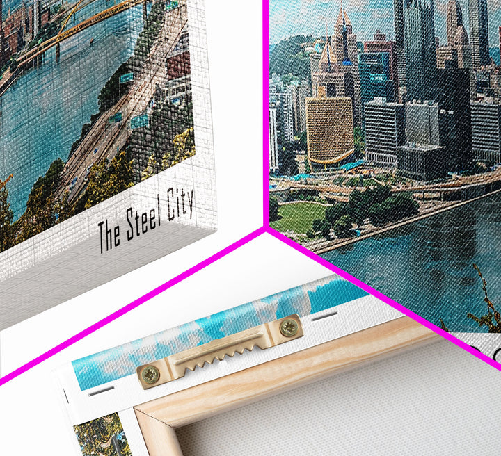 Pittsburgh Pennsylvania Panoramic Painting, Framed Canvas Print, Beautiful Cityscape Watercolor Art, Travel Poster, Modern Home Decor