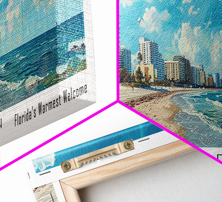 Pompano Beach Florida Panoramic Framed Canvas Print, Watercolor Cityscape Art, Travel Poster, Home Decor, Urban Gift Idea, Living Room Art