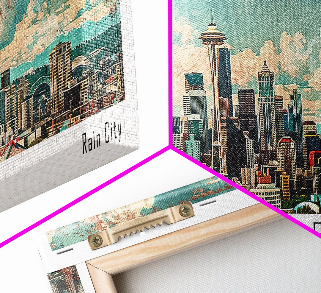 Seattle Washington Travel Poster, Framed Canvas Print, Wall Art, Home Decor, Office Decor, Living Room Art, Travel Gift, Vintage Style