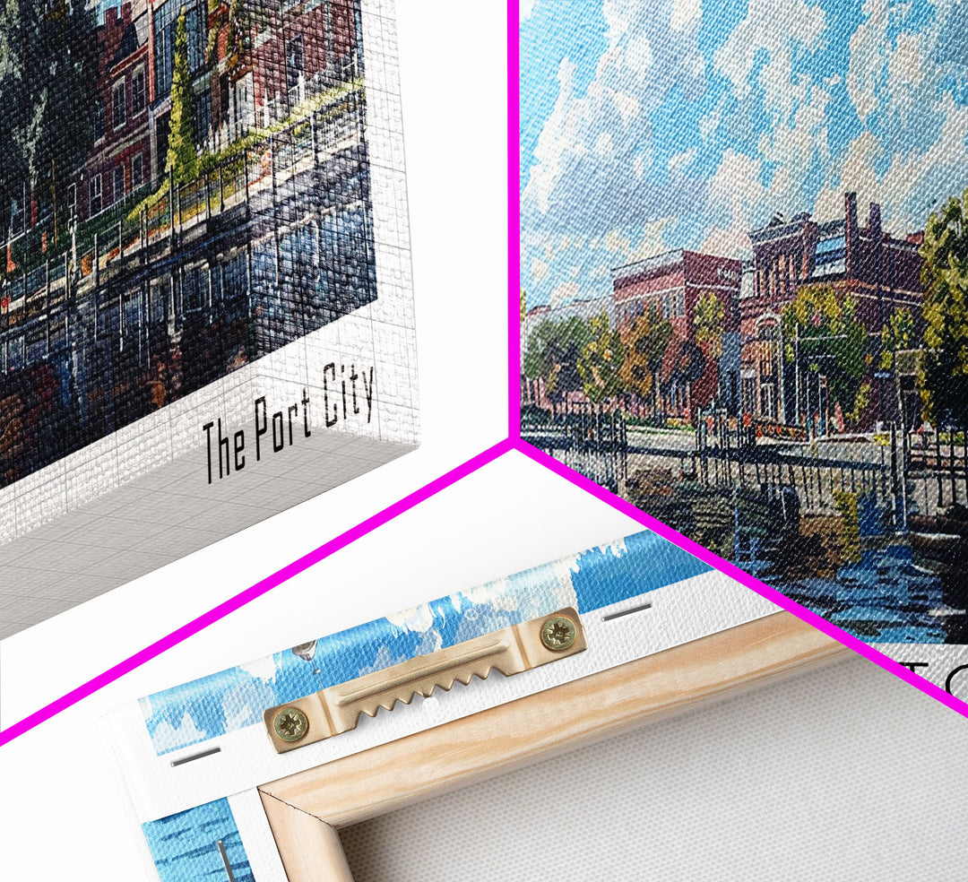 Wilmington North Carolina Panoramic Painting, Framed Canvas Print, Vintage Travel Poster, Artistic Wall Art, Unique Home Decor, Office Gift Idea