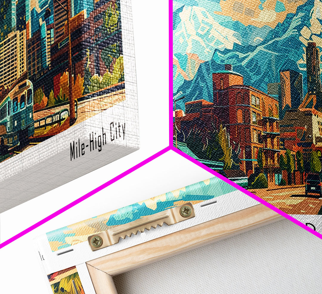 Denver Colorado Panoramic Painting Framed Canvas Print, Mid Century Modern Art, Pop Art Style, Travel Poster, Wall Art Decor, Retro Style