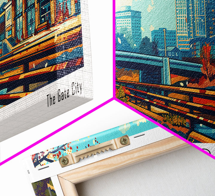 Greensboro North Carolina Panoramic Travel Poster Framed Canvas Print, Mid Century Modern Art, Pop Art Style, Wall Art Decor, Home Decoration