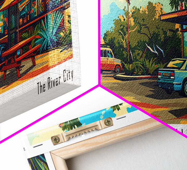 Jacksonville Florida Panoramic Painting Framed Canvas Print, Mid Century Modern Art, Pop Art Style, Travel Poster, Wall Art Decor