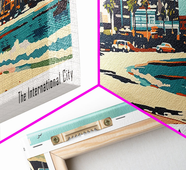Long Beach California Panoramic Painting, Mid Century Modern Framed Canvas Print, Retro Pop Art Travel Poster, Living Room Wall Art, Home Decor, Vintage Style