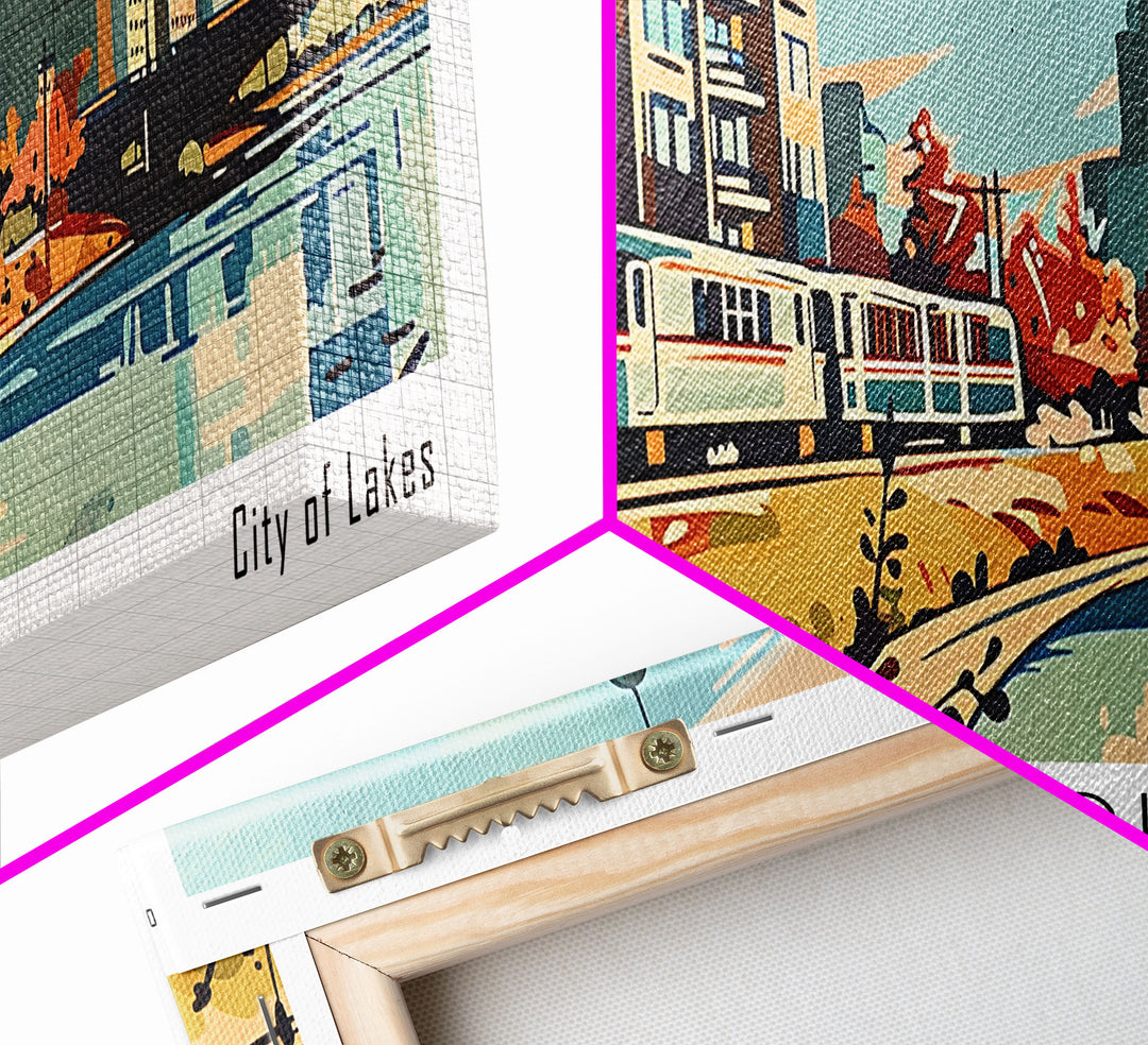 Minneapolis Minnesota Panoramic Painting, Mid Century Modern Framed Canvas Print, Retro Pop Art Travel Poster, Living Room Art, Home Decor, Office Wall Art, Vintage Style