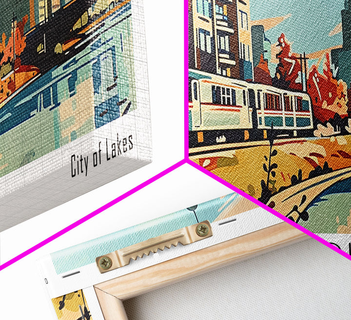 Minneapolis Minnesota Panoramic Painting, Mid Century Modern Framed Canvas Print, Retro Pop Art Travel Poster, Living Room Art, Home Decor, Office Wall Art, Vintage Style