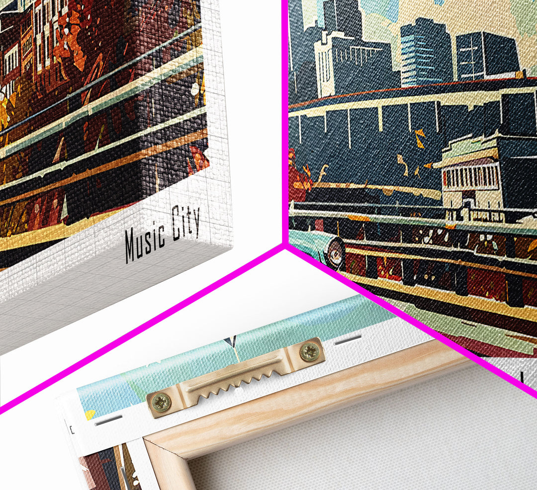 Nashville Tennessee Panoramic Painting, Mid Century Modern Framed Canvas Print, Retro Pop Art Travel Poster, Living Room Art, Home Decor, Office Wall Art, Vintage Style