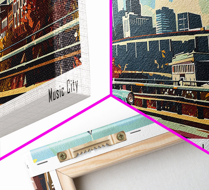 Nashville Tennessee Panoramic Painting, Mid Century Modern Framed Canvas Print, Retro Pop Art Travel Poster, Living Room Art, Home Decor, Office Wall Art, Vintage Style