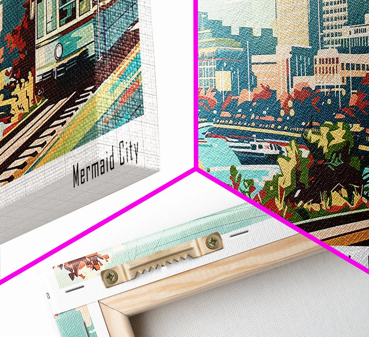 Norfolk Virginia Panoramic Painting, Mid Century Modern Framed Canvas Print, Retro Pop Art Travel Poster, Living Room Art, Home Decor, Office Wall Art, Vintage Style