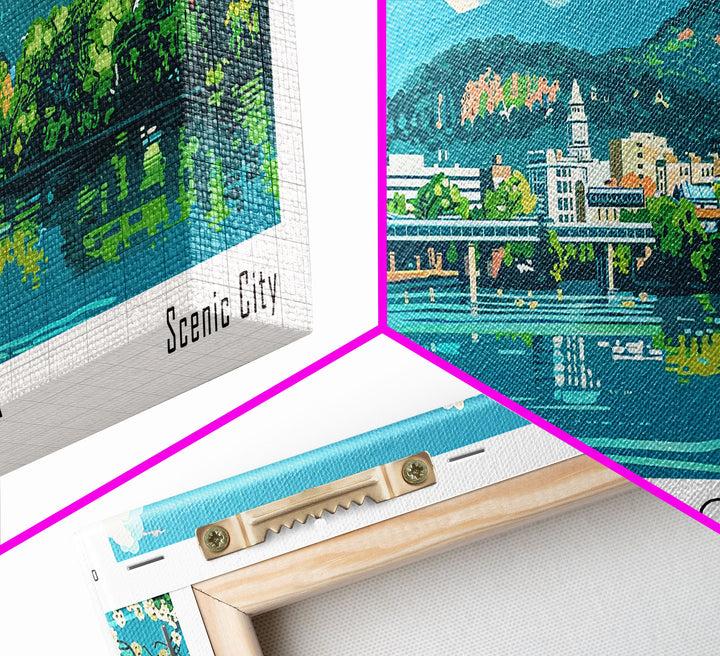 Chattanooga Tennessee Panoramic Painting, Mid Century Modern Framed Canvas Print, Retro Pop Art Travel Poster, Home Decor, City Print