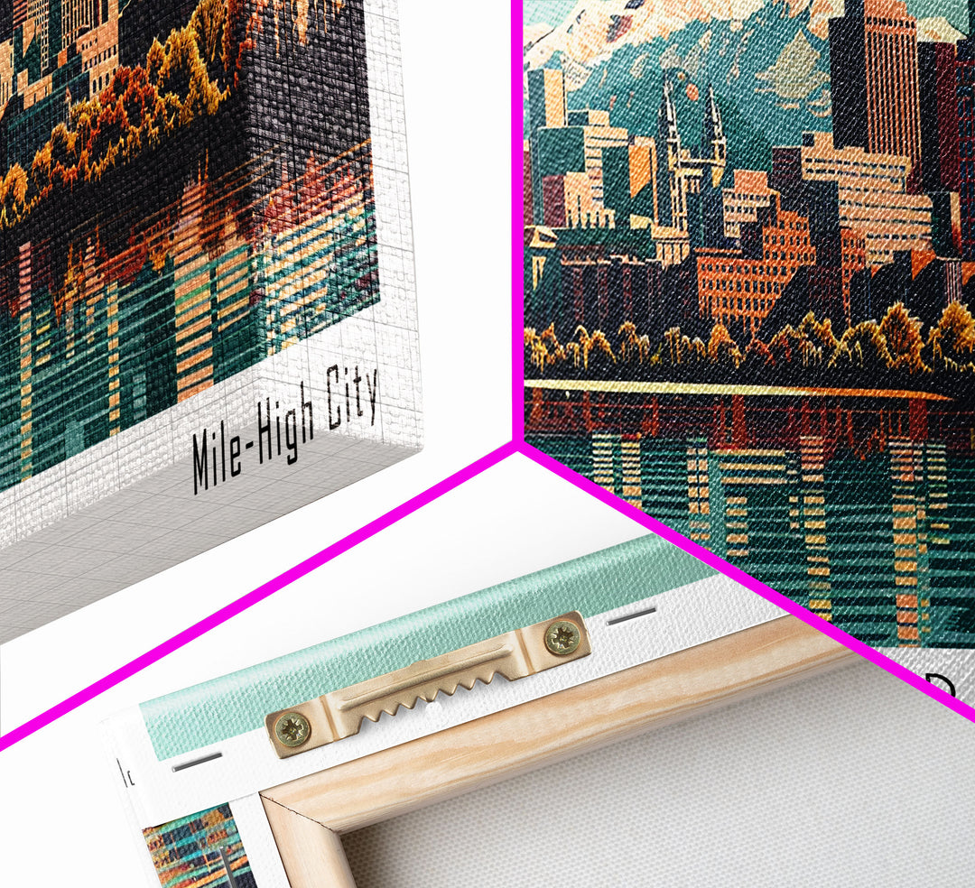 Denver Colorado Panoramic Painting, Framed Canvas Print, Mid Century Modern Wall Art, Retro Pop Art Travel Poster, Living Room Decor, City Art