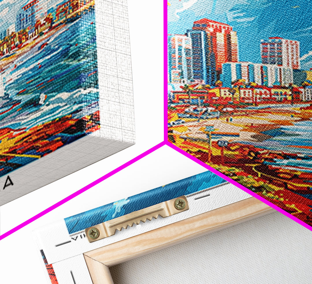 Long Beach Travel Poster, Framed Canvas Print, Travel Prints, Landscape Art, Watercolor Cityscape, Retro Wall Art, Colorful Wall Art