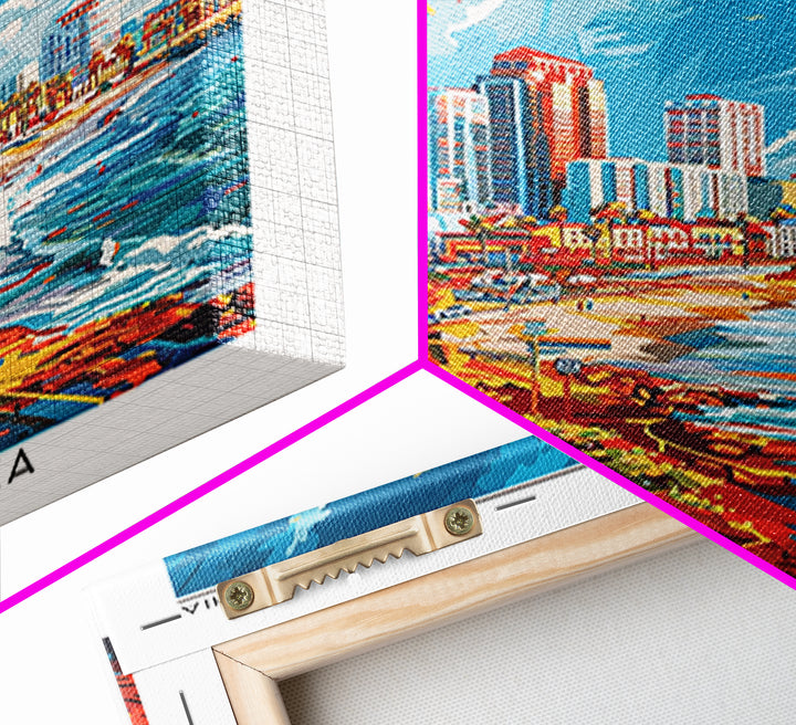 Long Beach Travel Poster, Framed Canvas Print, Travel Prints, Landscape Art, Watercolor Cityscape, Retro Wall Art, Colorful Wall Art
