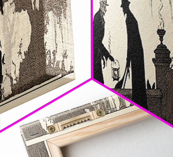 The Lantern Gravedigger, Decadent Line Art, Extra Wide Wall Art, Macabre Wall Art, Canvas Print, Halloween Wall Art