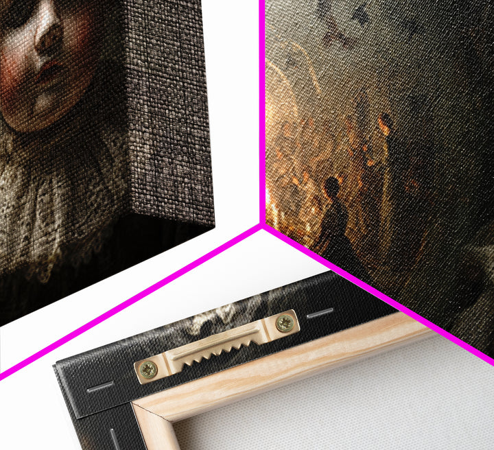 The Haunted Porcelain Doll, Northern Renaissance Horror, Wide Panoramic Art, Dark Halloween Decor, Framed Canvas Print