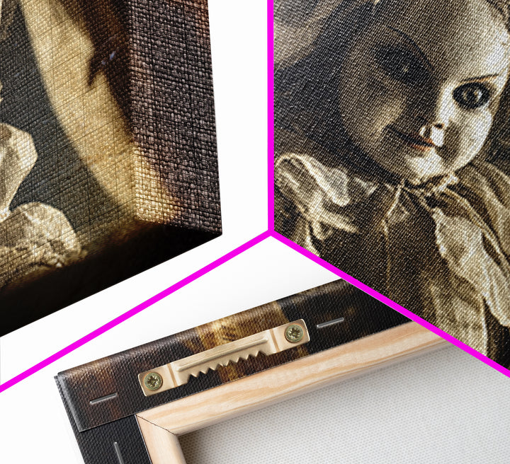 The Haunted Porcelain Doll, Architectural Etching Art, Landscape Wall Art, Dark Halloween Decor, Framed Canvas Print