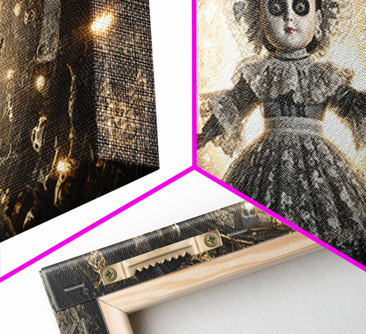 The Haunted Porcelain Doll, Macabre Folk Print Art, Wide Panoramic Art, Gothic Horror Wall Art, Framed Canvas Print