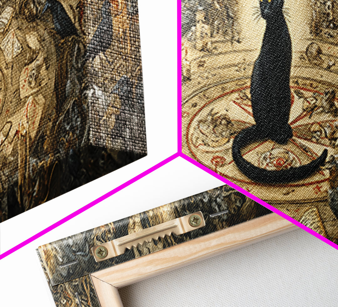 The Black Cat Familiar, Medieval Grotesque Art, Extra Wide Wall Art, Dark Halloween Decor, Canvas Print, Halloween Wall Art