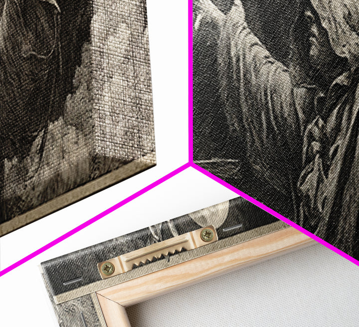 The Raven Keeper, Renaissance Engraving Art, Extra Wide Wall Art, Dark Halloween Decor, Framed Canvas Print, Halloween Wall Art