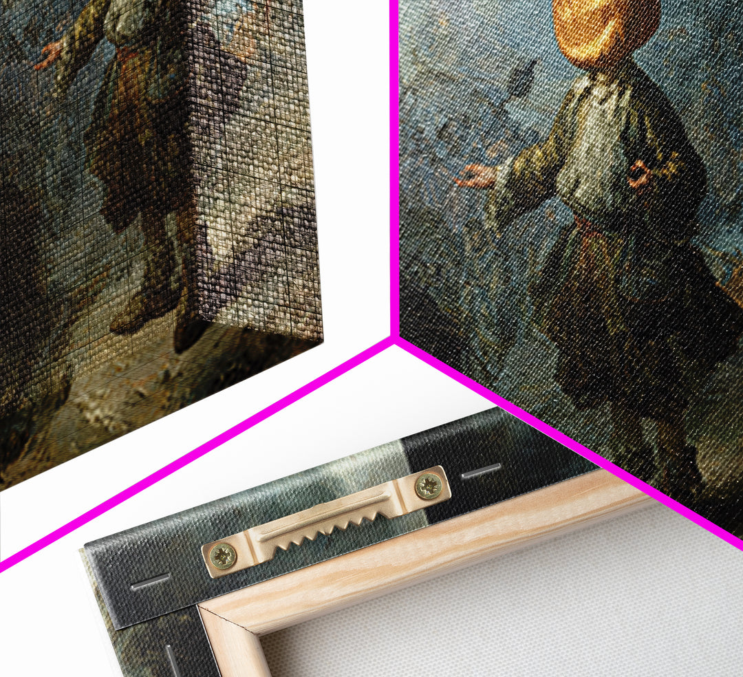 The Pumpkin-Headed Child, Northern Renaissance Horror, Wide Panoramic Art, Dark Fantasy Wall Art, Framed Canvas Print